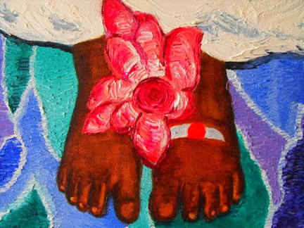Painting of Amma's feet, one with kumkum and ash visible and a pink lotus is on top of both feet.