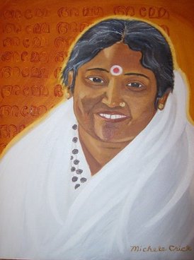 Painting of Amma dressed in a white sari with a rudraksha necklace with the word 'Amme' written several times in Malayalam on the orange background.