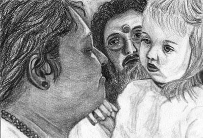 Pencil drawing of Amma holding a little white girl with Big Swami nearby wearing glasses and gazing lovingly at Amma.